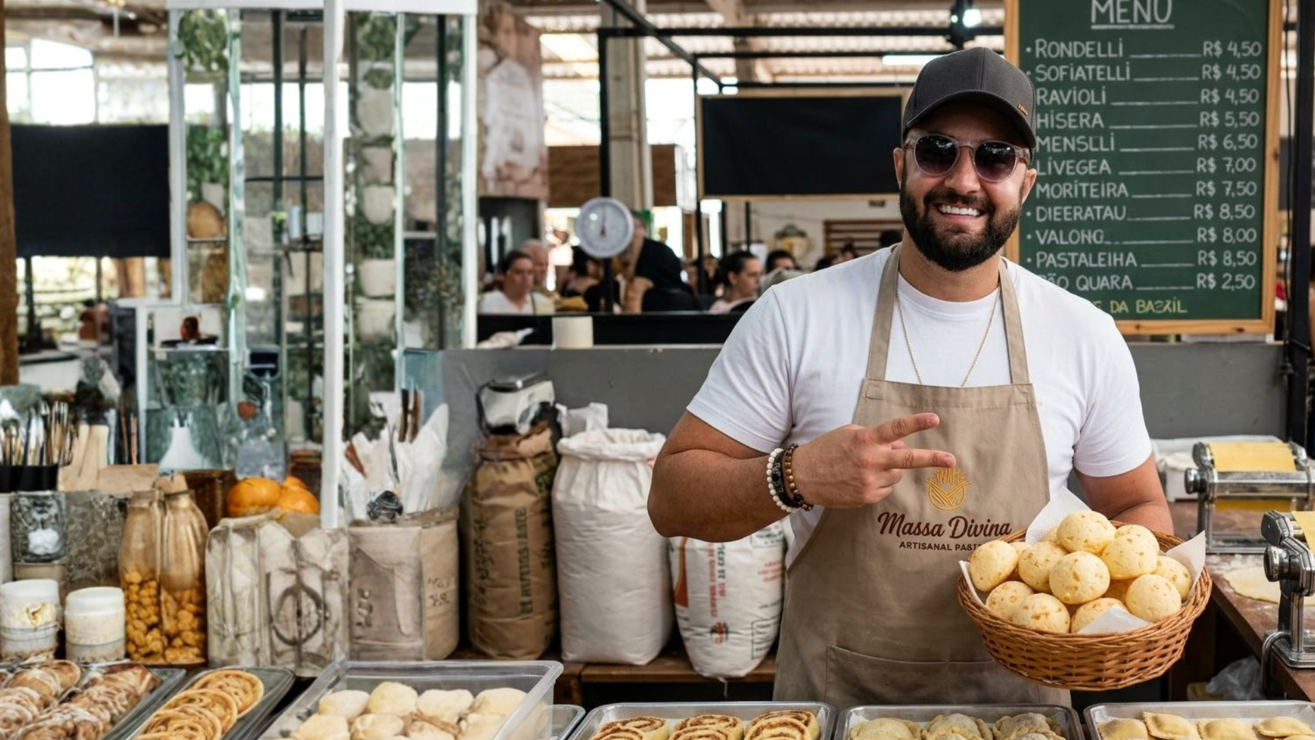 Mauro Henrique preparando massas artesanais e pão de queijo em sua banca